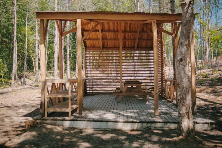 A rustic wooden gazebo nestled in a tranquil forest, perfect for summer relaxation and nature retreats.